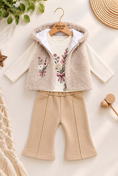dinamik çocuk Baby Girl 3-Piece Set Floral Embroidered Hooded Plush Vest, Wid...