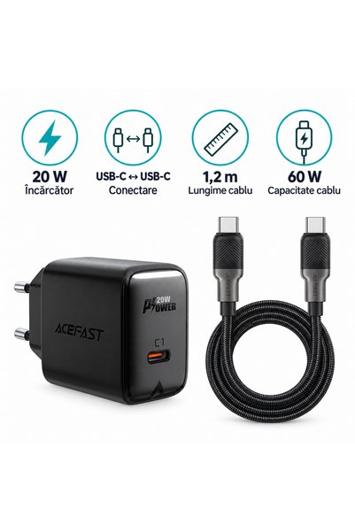 Acefast Kit Acefast, Încărcător 20W + Cablu USB-C la USB-C 60W, 1,2m, negru