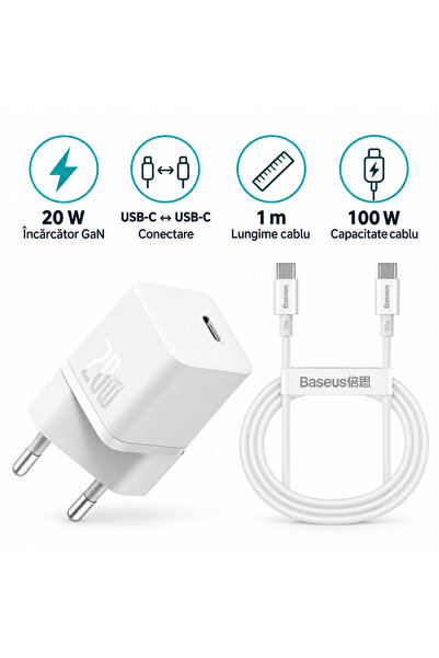 Baseus Kit Baseus, Încărcător GaN 20W + Cablu USB-C la USB-C 100W, 1m, alb