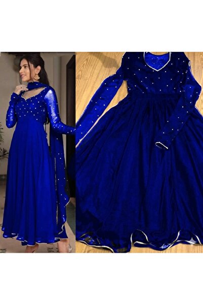MYSMAR Royal Blue Embellished Flared Anarkali Gown Set - FFT8582 | Royal Blue...