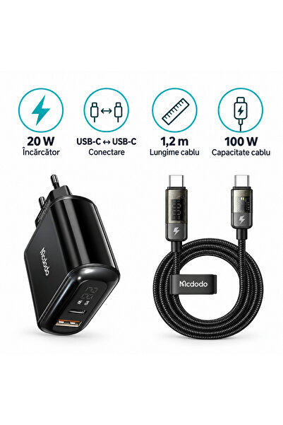 Mcdodo Kit Mcdodo, Încărcător 20W + Cablu USB-C la USB-C 100W, 1,2m, negru