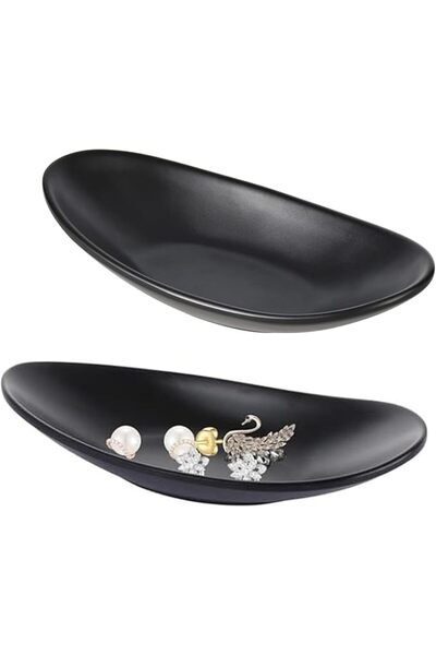 Paporich 2 Pcs Oval Black Trinket Dish, Ring Key Tray, Accessory Organizer Bo...