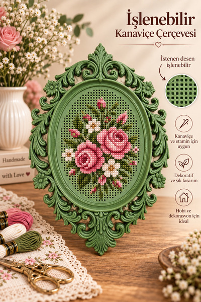 LİVA CRAFT Art & Craft İşlenebilir Kanaviçe Çerçevesi Otantik Yeşil, Dekorati...