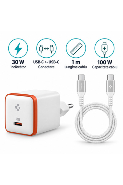 Spigen Σετ, Φορτιστής 30W + Καλώδιο USB-C σε USB-C 100W, 1μ, λευκό