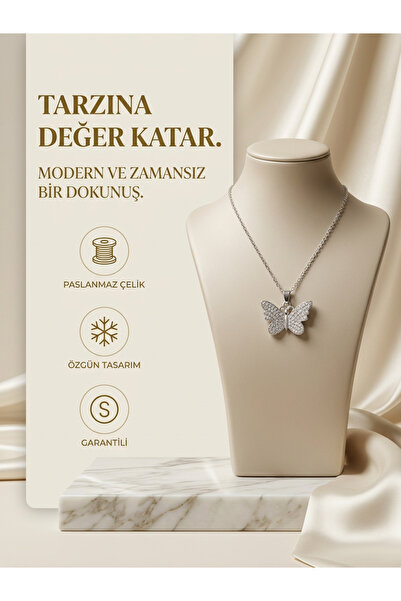 Çelik Kelebek Figürlü Kolye