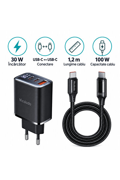 Mcdodo Kit Mcdodo, Încărcător 30W + Cablu USB-C la USB-C 100W, 1,2m, negru