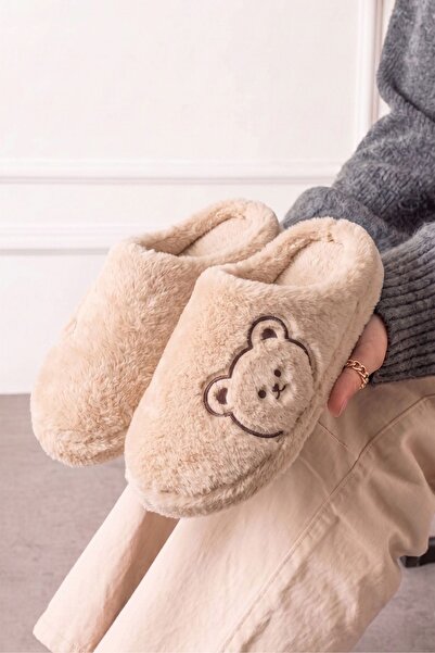 FUGA MODA Kogi Beige Teddy Bear Detailed Plush Women's Winter House Slippers