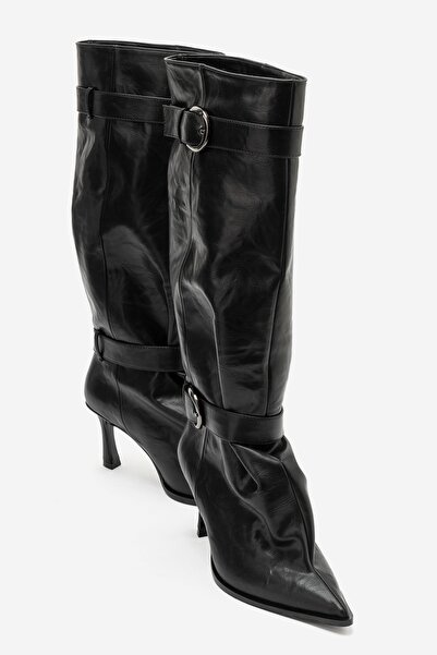 LuviShoes MARCELLA Siyah Kemerli Kadın İnce Topuklu Çizme