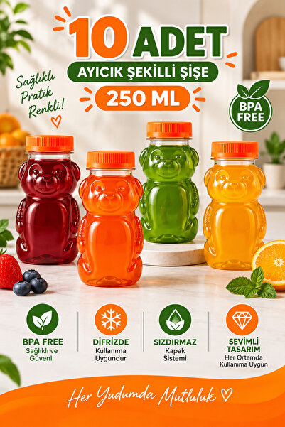 PLASTMARKET 10 Adet Ayıcık Şekilli Şişe Okul Piknik Meyve Suyu Smoothie Detok...