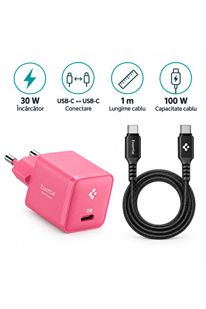 Spigen Σετ, Φορτιστής 30W + Καλώδιο USB-C σε USB-C 100W, 1μ, ροζ / μαύρο