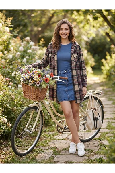 Polologin Butik Women's Beige-Burgundy Hooded Plaid Lumberjack Shirt and Jacket