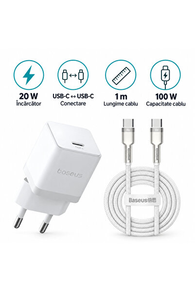 Baseus Kit Baseus, Încărcător 20W + Cablu USB-C la USB-C 100W, 1m, alb