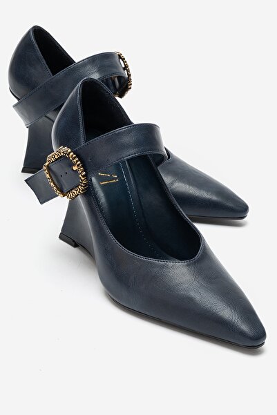 LuviShoes Lyons Navy Blue Leather Buckle Women's Wedge Heeled Shoes
