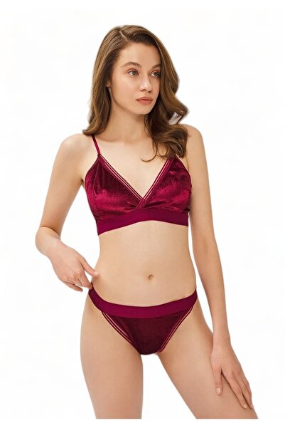 Cansoy Σετ Bralette με Brazil εσώρουχο Transparan Soft Velvet Bordo - Μπορντώ