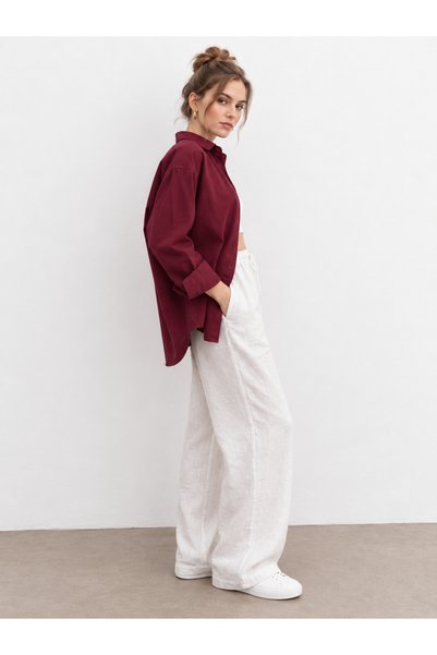 Bipantolon Cămașă de damă, oversize, bordeaux, cu mânecă lungă, din poplin, cu detaliu buzunar