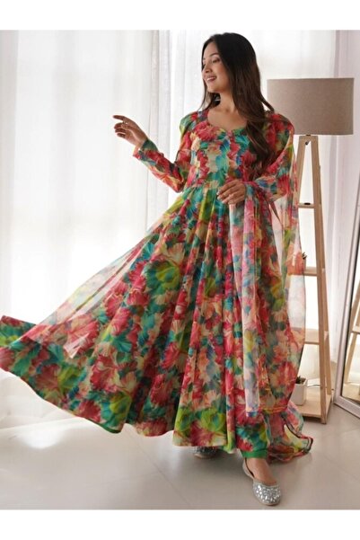 MYSMAR Pink Organza Tabby Silk Printed Gown & Dupatta - PMM9539 | Pink-Size:M...