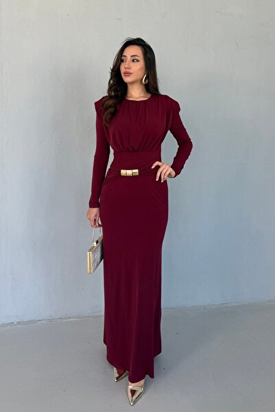 Serica Moda Burgundy gold accessorized ruched long dress