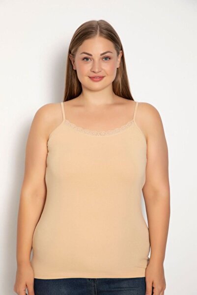 Siyah İnci Φανελάκι γυναικείο Plus Size με λεπτή τιράντα και δαντέλα - Μπεζ