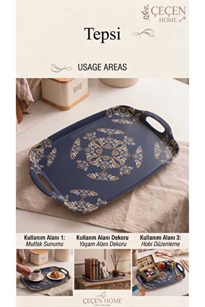 ÇEÇEN HOME 48x30 cm Otantik Desenli Tepsi - Kaymaz Kulplu Mutfak Servis Tepsi...