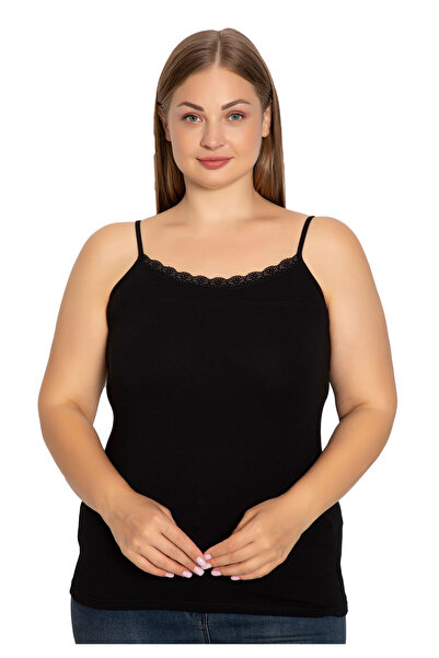 Siyah İnci Φανελάκι γυναικείο Plus Size με λεπτή τιράντα και δαντέλα - Μαύρο