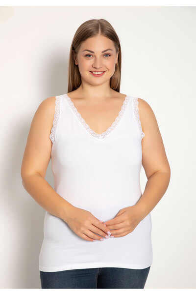 Siyah İnci Φανελάκι γυναικείο Plus Size με φαρδιά τιράντα και δαντέλα - Λευκό