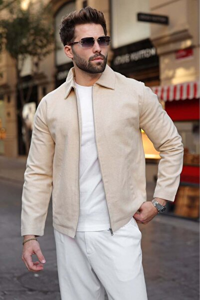 Madmext Beige Zippered Lined Cashmere Men's Jacket E7207