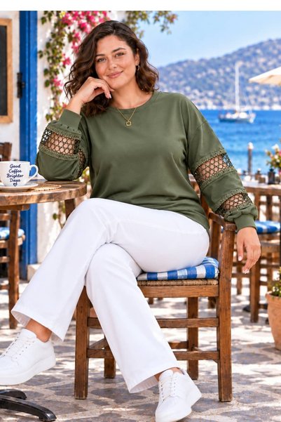 tarzımsüper Plus Size Crystal Fabric Stylish Lace Sleeve Blouse