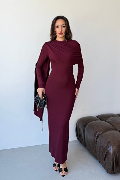 Serica Moda Μαύρο μακρύ φόρεμα με λεπτομέρεια σάλι και κορδόνι περίσφιξης