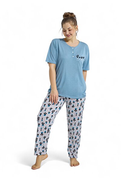 PİJAMOOD Πιτζάμα γυναικεία με μακρύ παντελόνι Plus Size Cactus Blue - Γαλάζιο