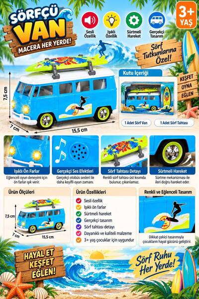 Sesli Işıklı Sürtmeli Mavi Renk Oyuncak Surfer Van – Sörf Tahtalı Karavan Minibüs