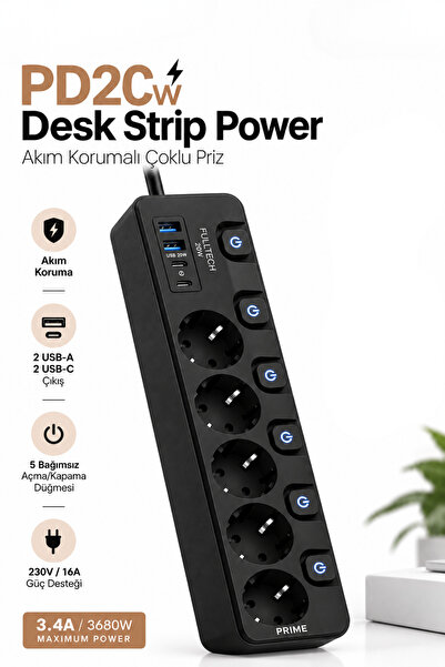 Yussraw FTR-31 Akım Korumalı Priz Siyah 9’lu (5 Priz + 2 USB-A + 2 USB-C) 368...