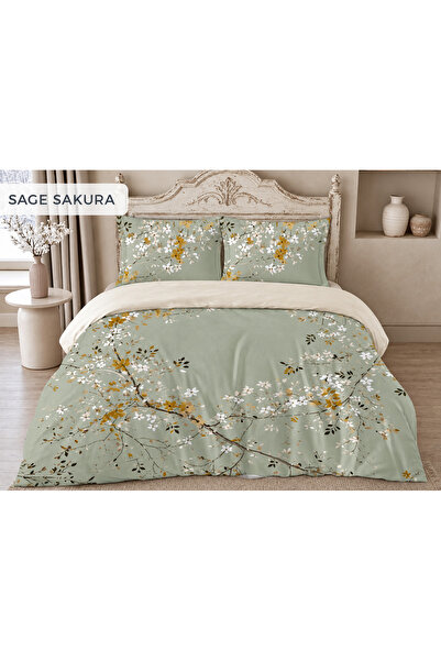 Maisonette Sage Sakura Fitted Çarşaflı Çift Kişilik Nevresim Takımı – %100 Pamuk