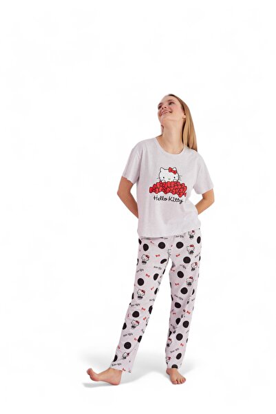 Siyah İnci Πιτζάμα γυναικεία με μακρύ παντελόνι Hello Kitty Love - Γκρι