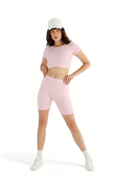 Siyah İnci Σετ κολάν Biker SiyahInci με crop top rib candy pink - Ροζ
