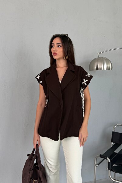 Serica Moda Kahverengi Şerit İp Detaylı Denim Yelek
