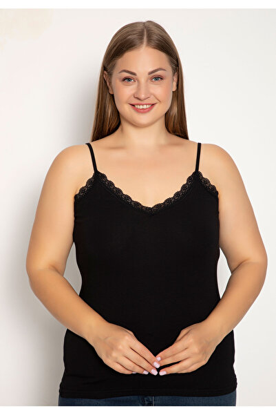 Siyah İnci Φανελάκι γυναικείο Plus Size με λεπτή τιράντα Lace - Μαύρο