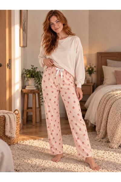 NoaLoungwear KIŞLIK Çilek Desenli Milan Şardonlu Esnek Tek Alt PİJAMA