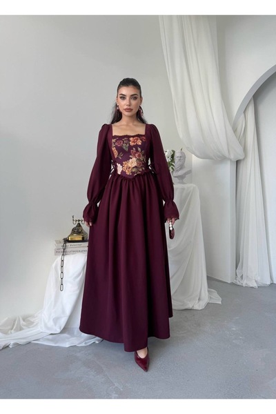 YURELİ Çiçek Desenli Korse Detaylı Balon Kollu Maxi Elbise