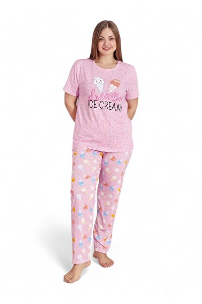 PİJAMOOD Πιτζάμα γυναικεία με μακρύ παντελόνι Plus Size Ice Cream - Ροζ