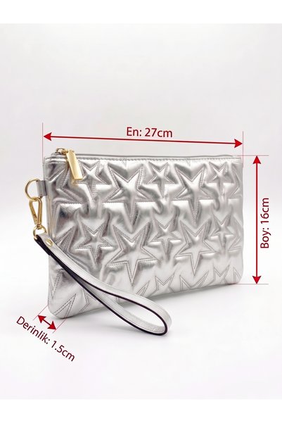 PurpleART Women's Silver Star Quilted Portfolio Handbag with Wrist Strap Zippered Clutch Multi-Purpose Makeup Bag