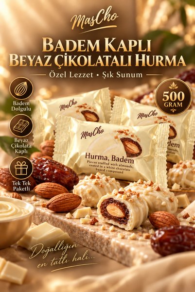 İlkbenaldim Badem Dolgulu Beyaz Çikolata Kaplı Hurma | 500 Gram
