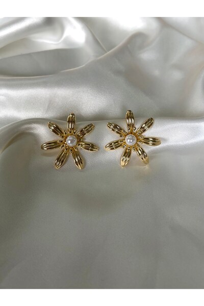 Eylülün Takısı Women's Gold Color Pearl Modern Steel Flower Earrings