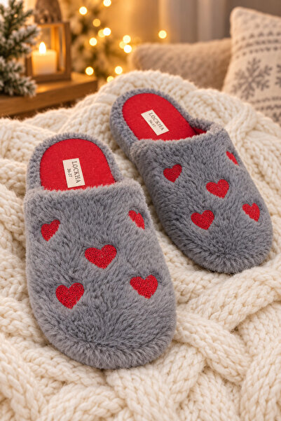 Tonny Black Women's Gray Heart Patterned Plush House Slippers