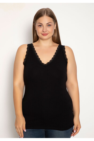 Siyah İnci Φανελάκι γυναικείο Plus Size με φαρδιά τιράντα και δαντέλα - Μαύρο