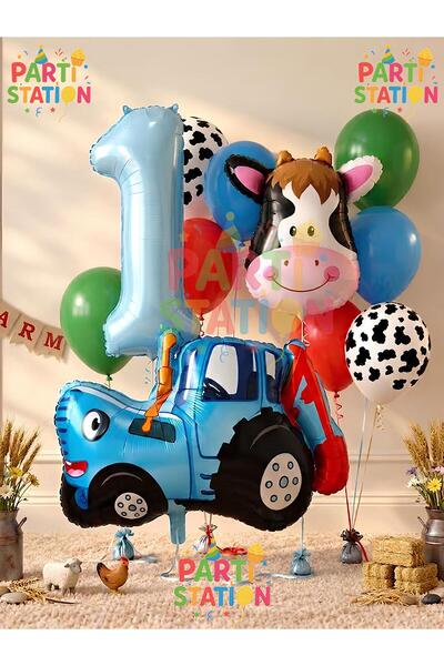 Parti Station Tractor and Cow Themed 1 Year Old Balloon Set 11 Piece Farm Con...
