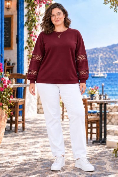 tarzımsüper Plus Size Crystal Fabric Stylish Lace Sleeve Blouse