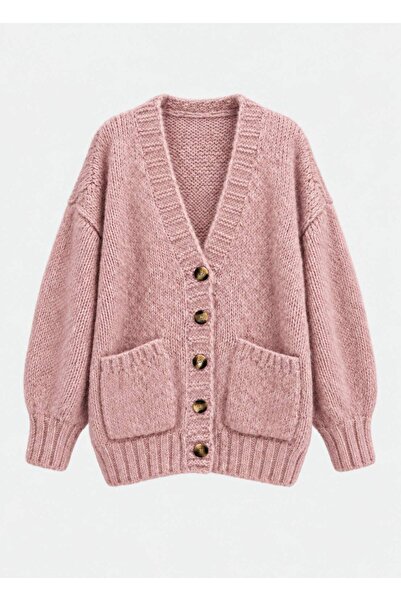 Pembe Renk Yumuşak Dokulu Oversize Düğmeli Hırka
