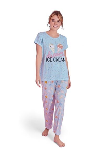 PİJAMOOD Πιτζάμα γυναικεία μακρύ παντελόνι Ice Cream Blue - Γαλάζιο