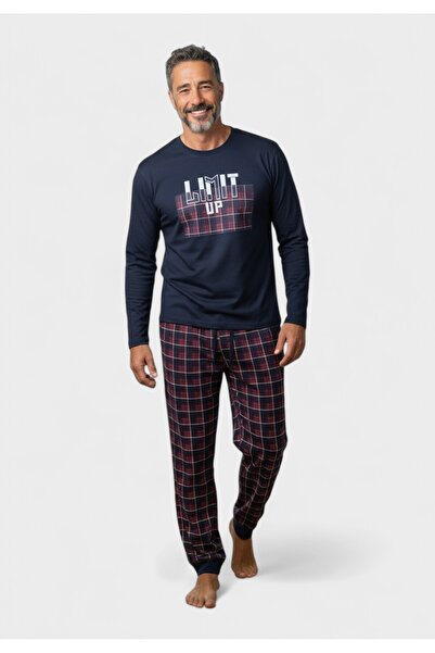 COLLECTİON Ανδρική Βαμβακερή Πιτζάμα Interlock Limit Up Check - Μπλε