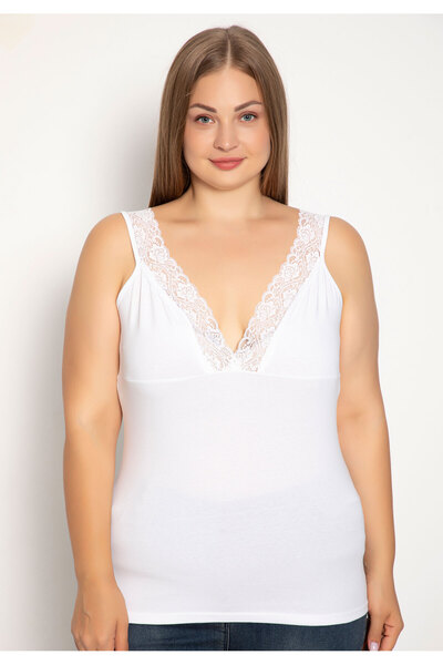 Siyah İnci Φανελάκι γυναικείο Plus Size με φαρδιά τιράντα Lace - Λευκό
